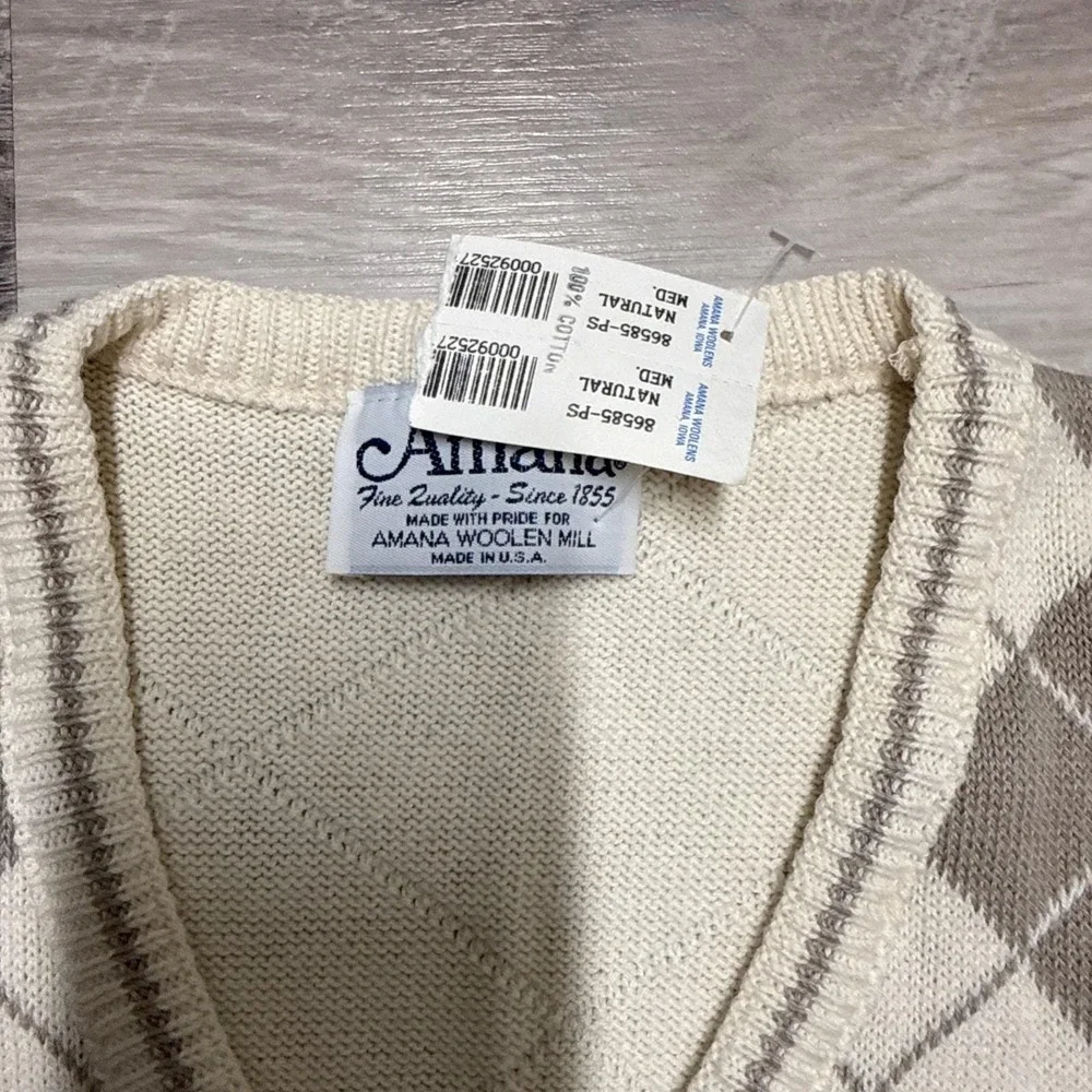Vtg Amana Cotton Sweater Vest XL Preppy Academia Retro Neutral Knit Grandpa USA